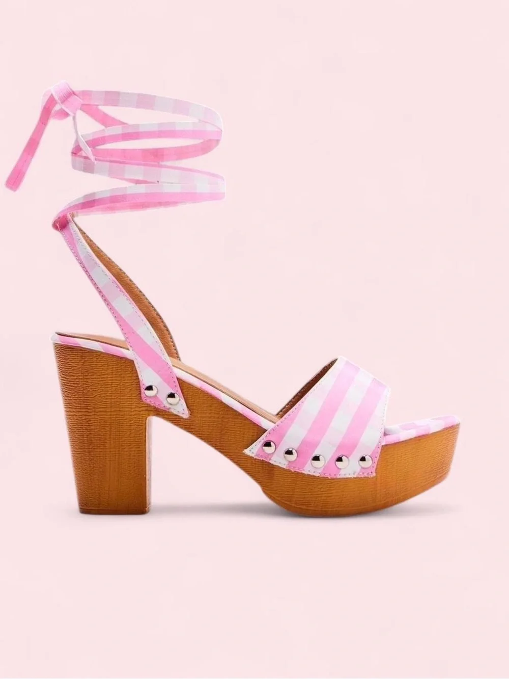Fashion Nova Pink and White Striped Platform Ankle-Tie Sandal